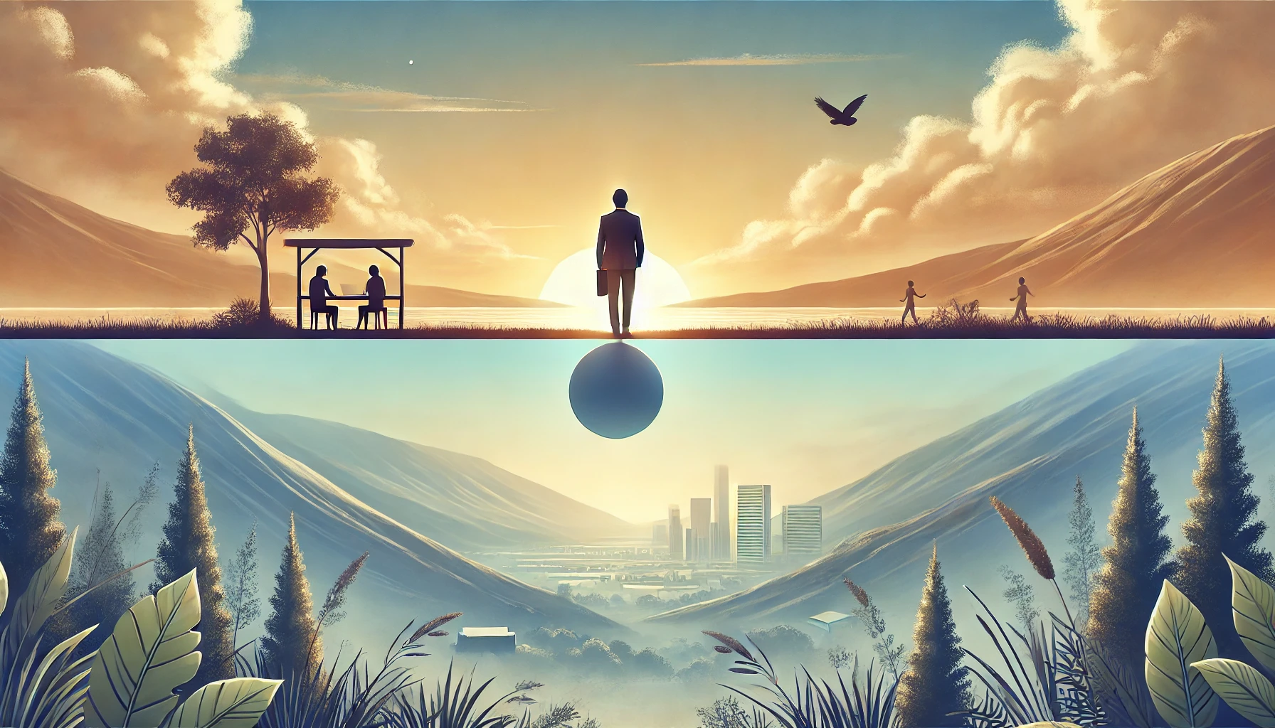 A serene landscape with an entrepreneur standing near a horizon that blends nature and urban environments, symbolizing the balance between work and mental well-being.