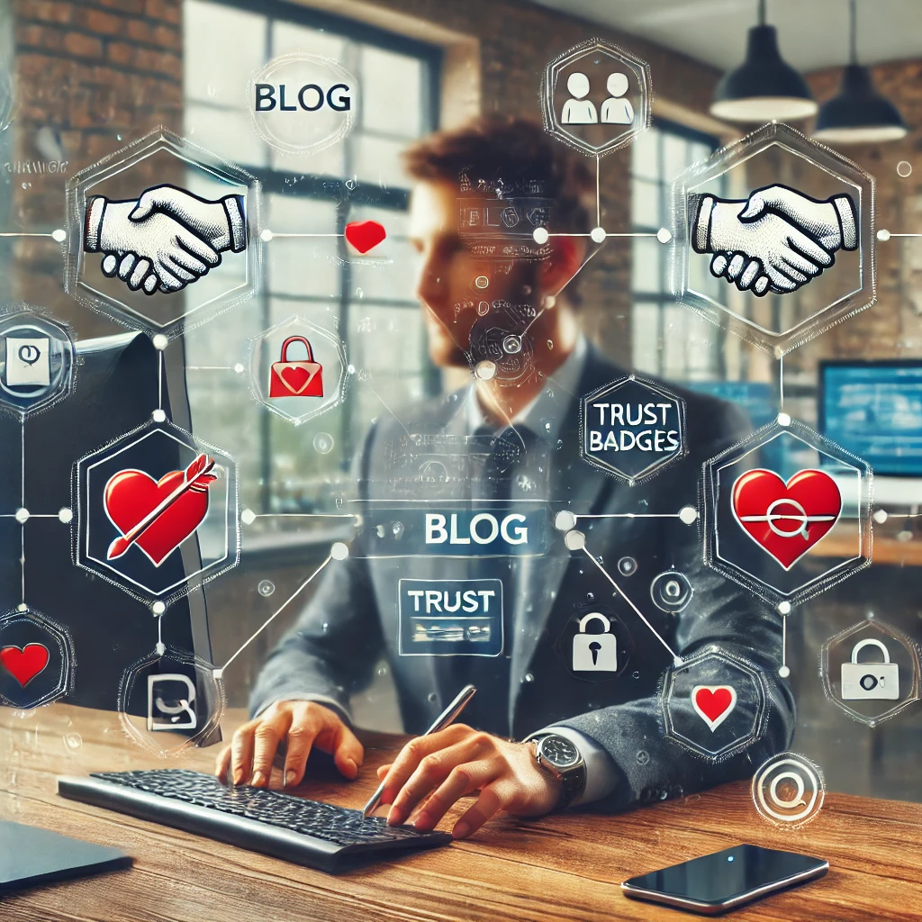 A small business owner writing a blog on a computer in a modern office, with digital icons like trust badges, hearts, and handshake symbols floating around, representing the building of trust and credibility through regular content.