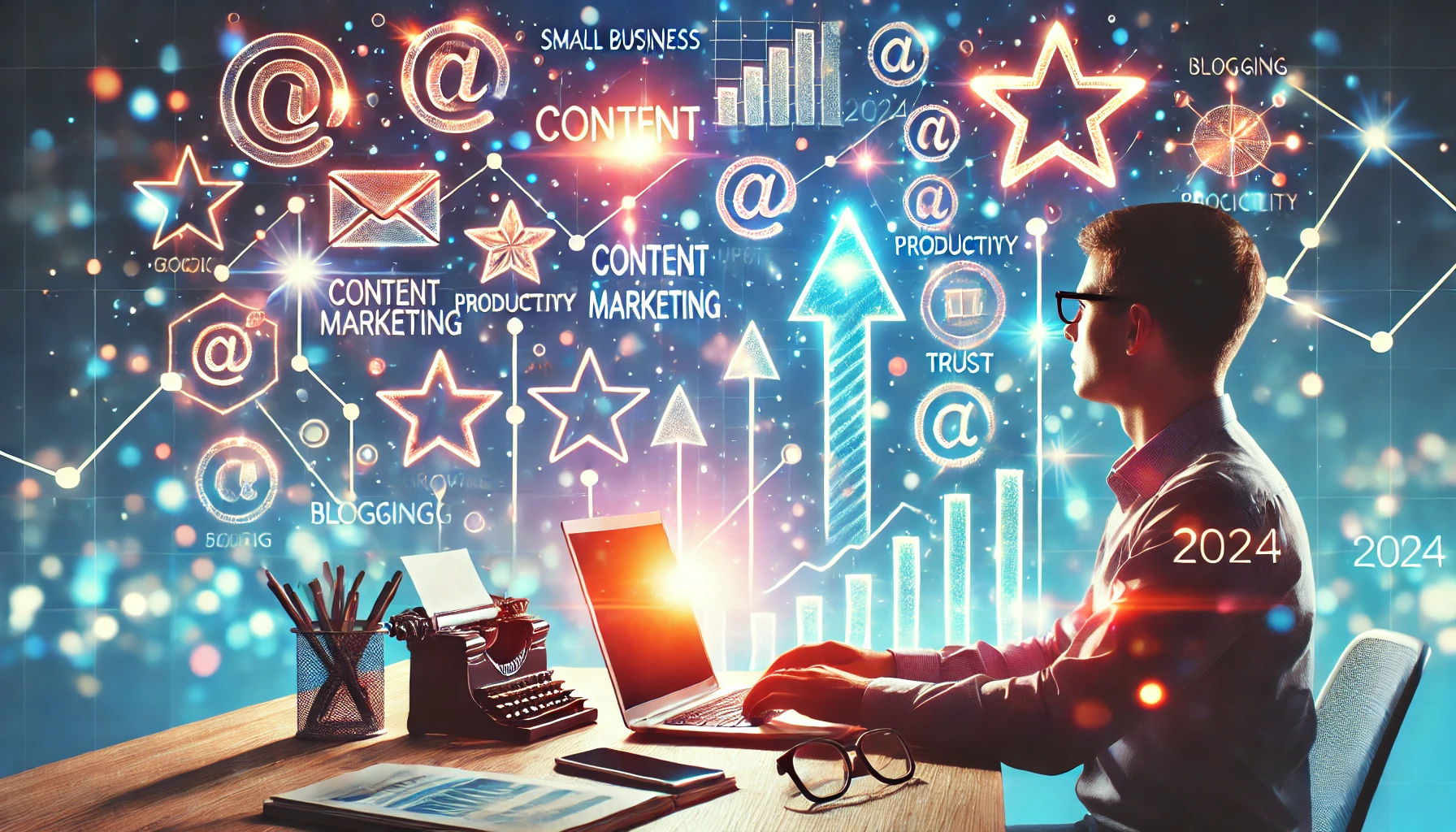 A small business owner creating content, with digital symbols like upward arrows, stars, and growth icons floating in the background, representing success through blogging.