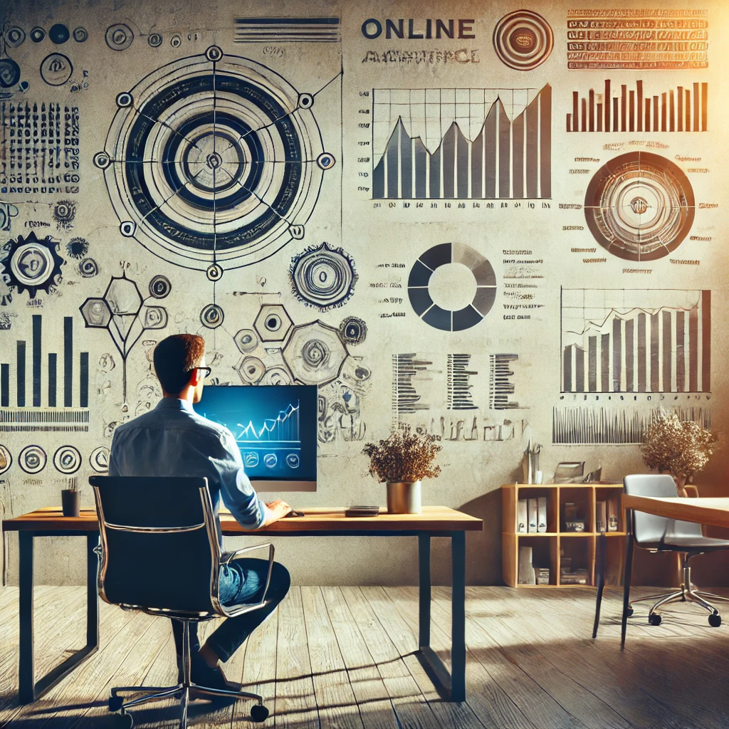 Small business owner working on a laptop in a modern office, with charts and analytics in the background representing digital growth through blogging and content marketing.